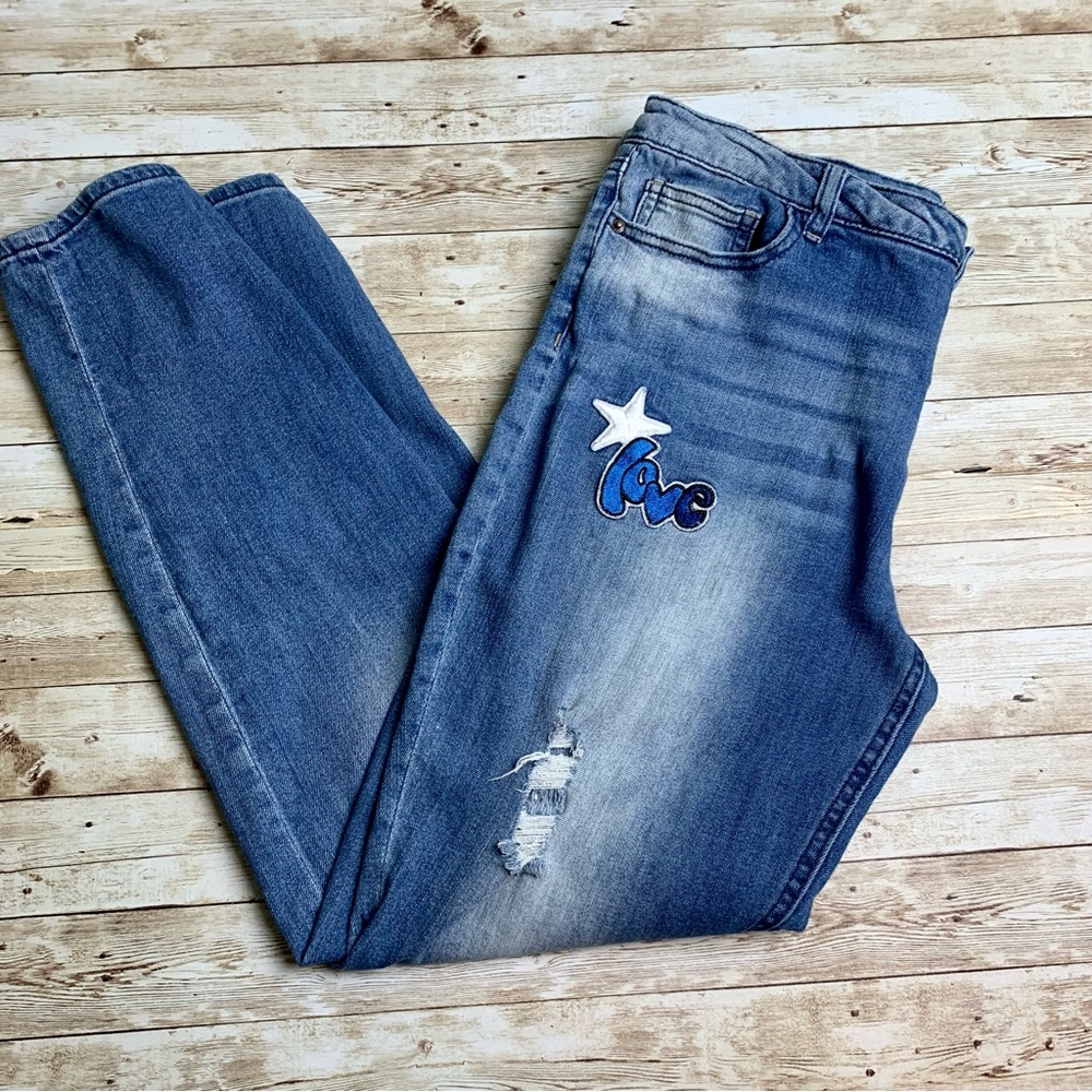 Joe Boxer Boho Jeans Patches Distressed very cute! EUC 15